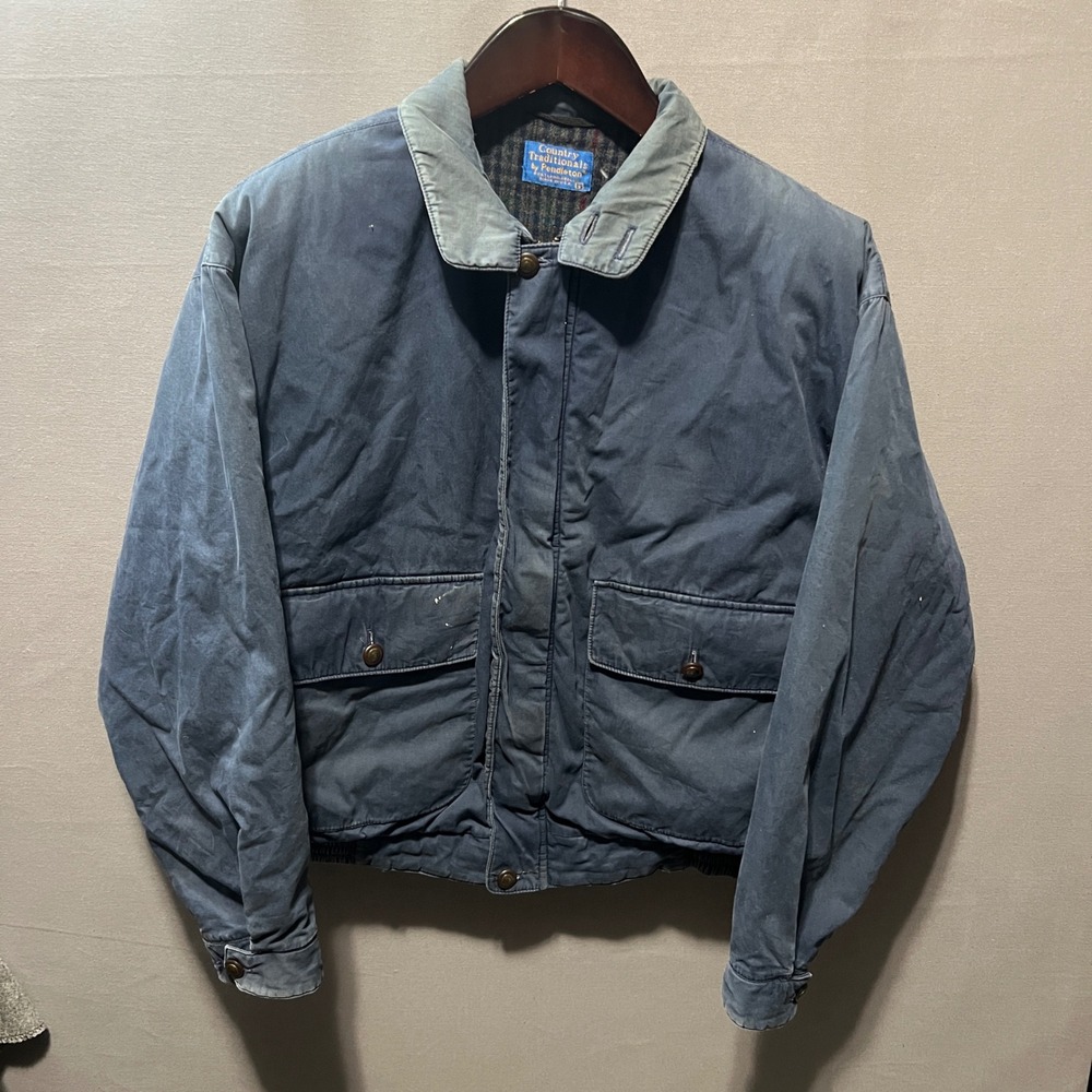 Pendleton Country Traditionals Mens Blue Canvas Plaid Lined Bomber Jacket L USA